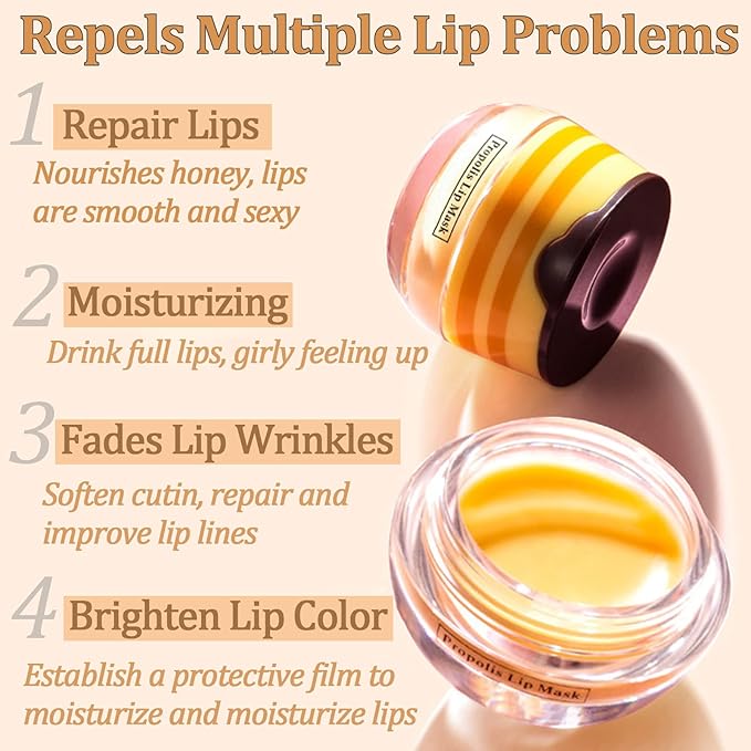 2 PCS Bee Lip Balm Lip Mask Honey Pot Honey Lip Mask Propolis Moisturizing Lip Balm with Stick - Hydrating Prevention Dry and Cracked Lip Scrubs Exfoliato Lip Wrinkle Skin Care Products-Velvo Beauty