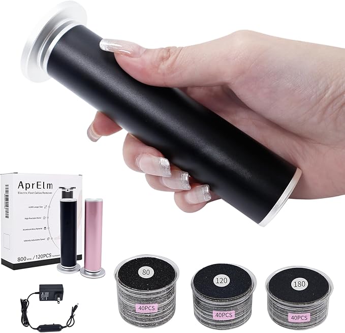 4.8IN Longer Electric Foot Callus Remover with 120pcs Sandpaper Discs, Professional Aluminum Callus Remover for Feet, Stepless Speed Control Pedicure Tools for Dead Skin (Black-pro)-Velvo Beauty