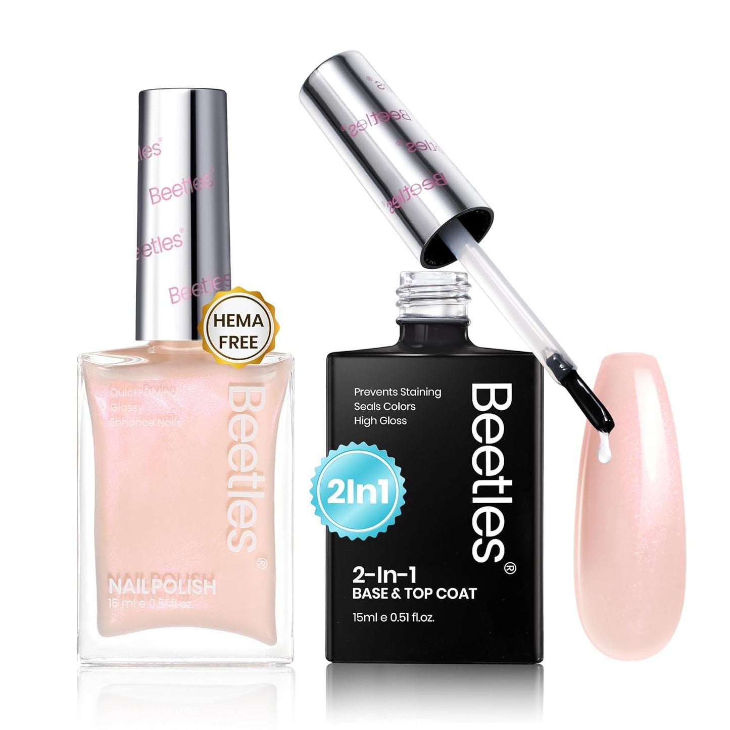 Beetles Nail Polish Top Coat and Base Coat Set Pearl Pink Fast Drying & Long Lasting Shine Nail Polish 2 IN 1 Protects Nails Enhances Glossy and Nourishes Nails for Women-Velvo Beauty