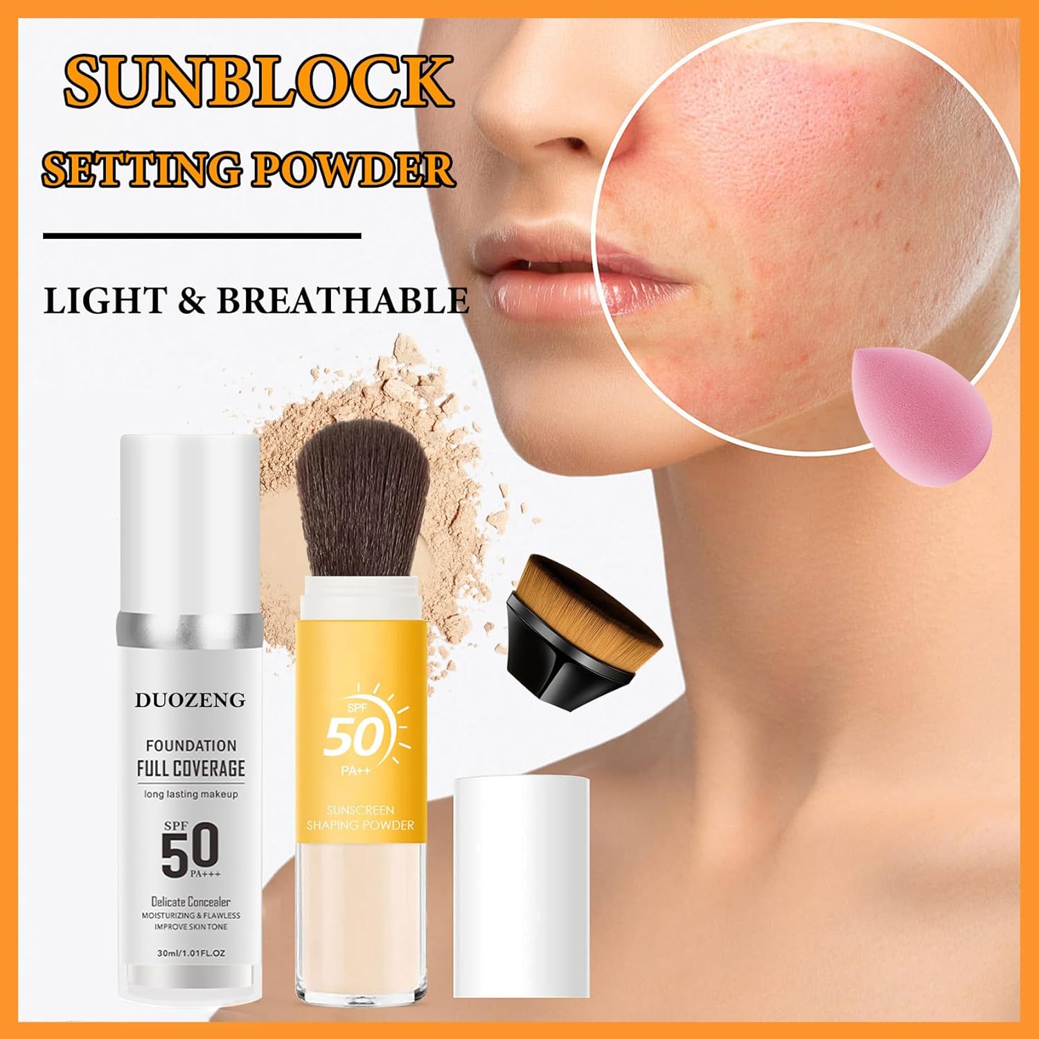 Sunscreen Setting Powder,Warm Change Foundation,Brush Setting Makeup SPF 50 PA++ for All Skin,Moisturizing Loose Face Powder with Sunscreen Brush-Velvo Beauty