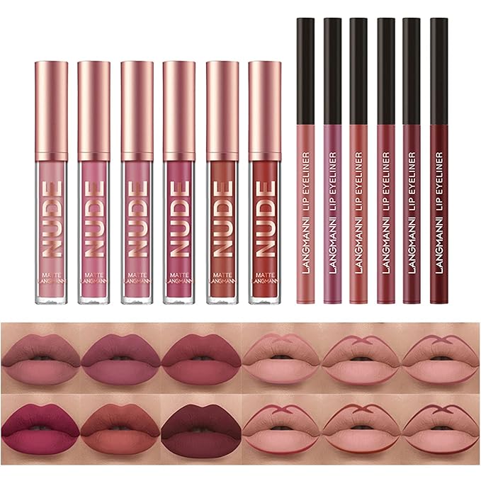 BestLand 12Pcs Matte Liquid Lipstick + Lip Liner Pens Set, One Step Lips Makeup Kits Pigment Velvety Nude Lip Stain Waterproof Long Wear Lip Gloss Make up Gift Set (Set A)-Velvo Beauty