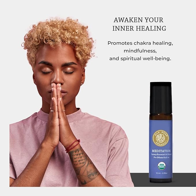 Silk Road Organic Meditation Essential Oil Empowering Blend Roll On,100% Pure USDA Certified Aromatherapy for Chakra Healing, Focus, Calming, Mindfulness & Spiritual Well-Being - 10ml Roller-Velvo Beauty