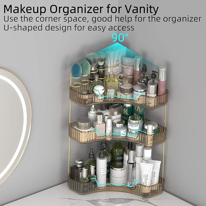 Corner Bathroom Counter Organizer with Top Toothbrush Holders, 3-Tier Make Up Organizers for Vanity with Brush Holder, Corner Storage for Bathroom, Kitchen, Dresser-Velvo Beauty