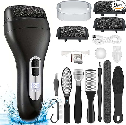 Electric Callus Remover for Feet - with Larger Grinding Head, Portable Pedicure Kit Foot File Callus Remover, Rechargeable Waterproof Foot File for Foot Care Deadskin Remover LCD Display-Black-Velvo Beauty