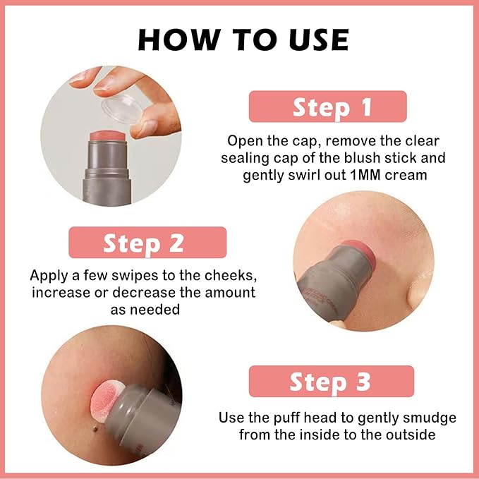 Cream Blush Stick with Sponge 3 in 1 Multi-Use Blush Makeup Stick Long Lasting Waterproof Natural Matte Cream Blush Stick for Cheeks, Lips and Eyes - Fairy Pink-Velvo Beauty