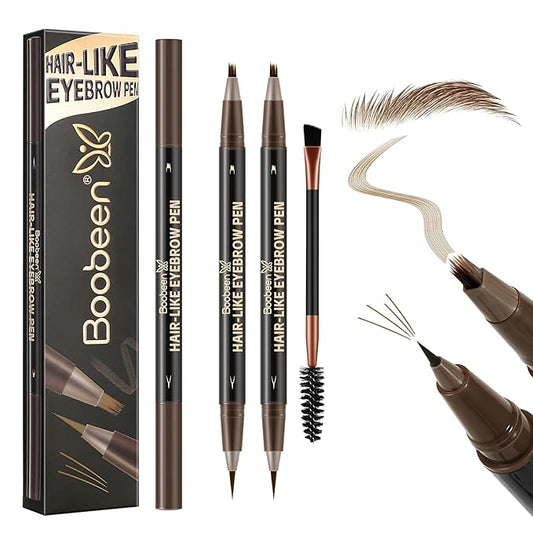 Boobeen 2pcs Waterproof Eyebrow Pen，Dual-Ended Eyeliner Microblading Eyebrow Pencil for Women，Long Lasting Hair-Like Brow Pen with Brow Brush，Dark Brown-Velvo Beauty