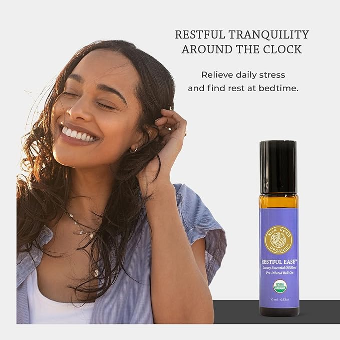 Silk Road Organic Restful Ease Essential Oil Sleep & Stress Blend Roll On - 100% Pure USDA Certified with Indian Sandalwood - Stress Ease Aromatherapy & Calming Relaxation - 10 ml Roller-Velvo Beauty