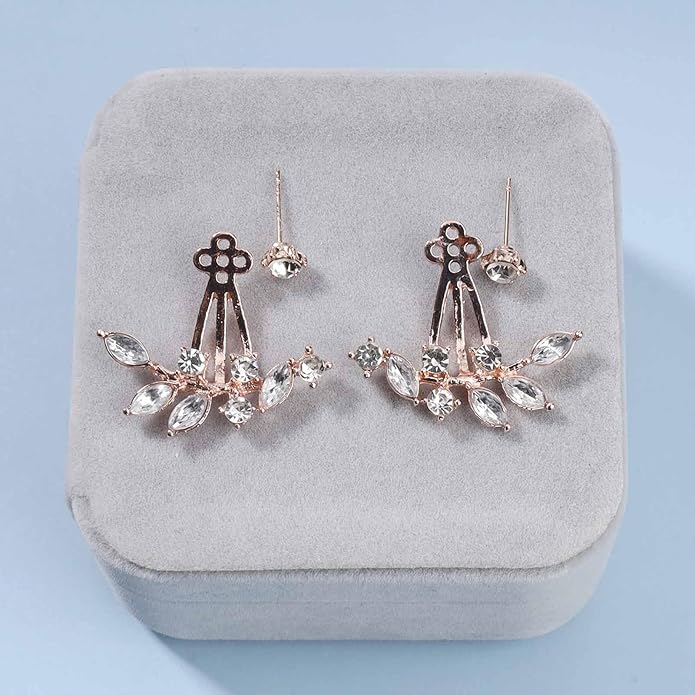 Boho Crystal Leaf Ear Jackets Earrings Gold Cz Crystal Earrings Rhinestone Front Back Studs Earrings Minimalist Earrings Jewelry for Women and Girls Gifts-Velvo Beauty