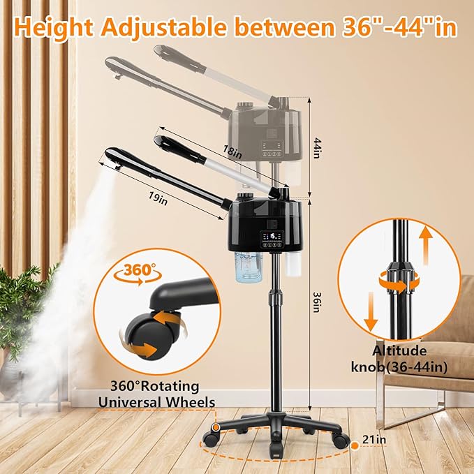 Professional Facial Steamer with Ozone and Hot & Cold Mist, Esthetician Steamer on Wheels, Face Humidifier for Facial Deep Cleaning, Digital Facial Steamer for Home and Salon, Black-Velvo Beauty