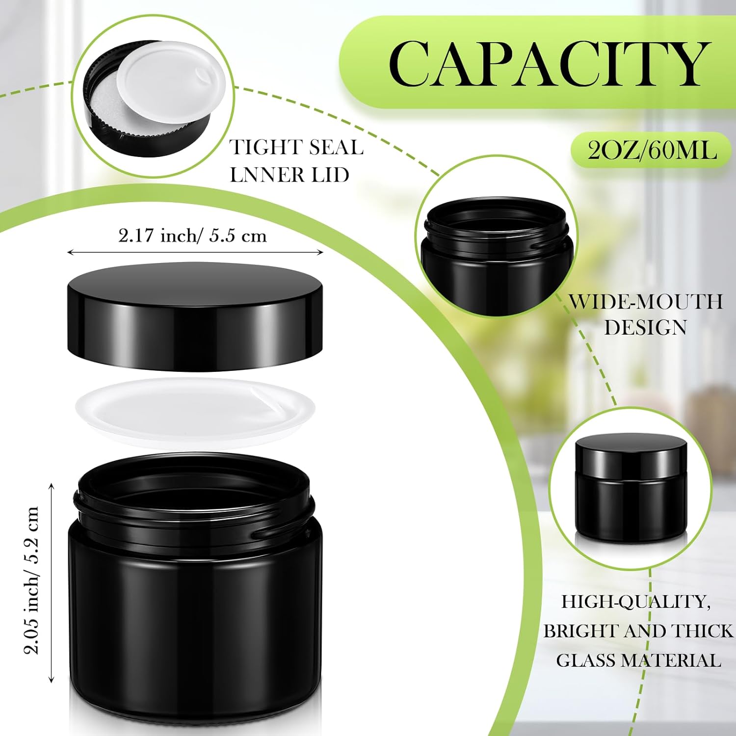 Domensi 72 Pcs 2 oz Glass Jars with Lids Travel Size Round Leakproof Empty Cosmetic Jars with Inner Liners Lid for Storing Makeup Lotions Face Cream Ointments Candle DIY Making (Black)-Velvo Beauty