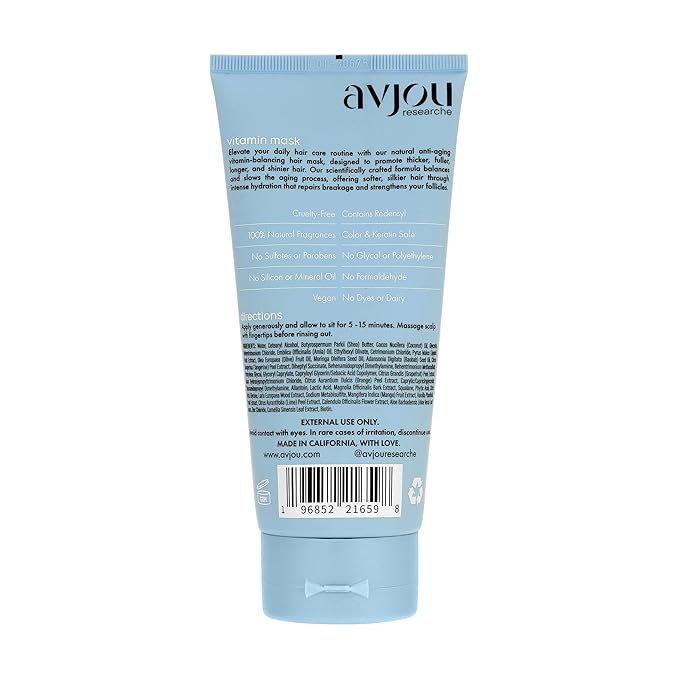 Avjou Researche™ Vitamin Mask – Supports the Look of Thicker, Fuller Hair – Vegan, Color & Keratin Safe, Hydrates & Strengthens with Redensyl™ – Designed for All Hair Types, 6 oz-Velvo Beauty