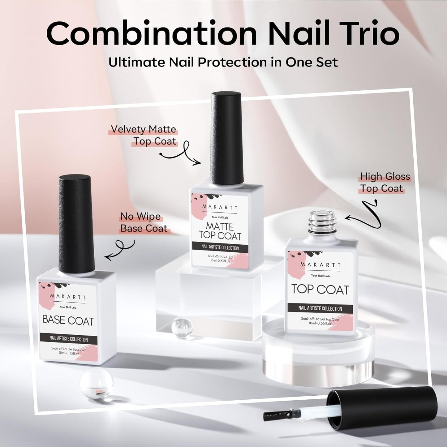Makartt No Wipe Gel Top and Base Coat Set – Matte & Glossy Finish, 3pcs Soak-Off Long Lasting Gel Nail Polish Essentials, No Yellowing, UV/LED Lamp Required, DIY Nail Art Gift for Women, 10ml-Velvo Beauty