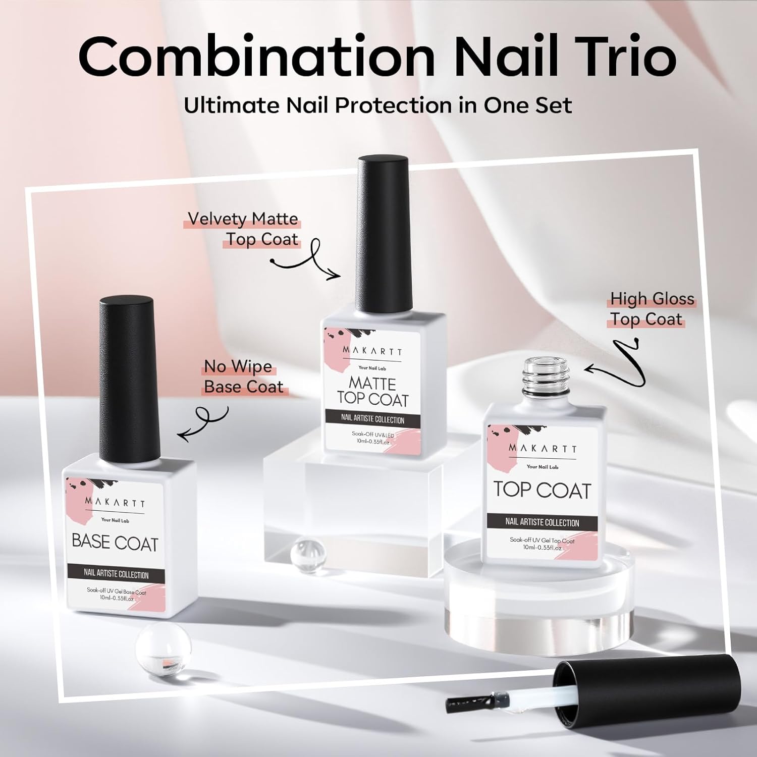 Makartt No Wipe Gel Top and Base Coat Set – Matte & Glossy Finish, 3pcs Soak-Off Long Lasting Gel Nail Polish Essentials, No Yellowing, UV/LED Lamp Required, DIY Nail Art Gift for Women, 10ml-Velvo Beauty