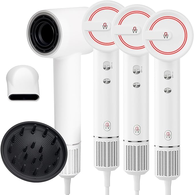 GroWell Ionic Hair Dryer, High-Speed Brushless Motor Professional Blow Dryer for Fast Drying, Low Noise, Lightweight, Compact Hair-Dryer with Diffuser for Curly Hair (3 Pack)-Velvo Beauty