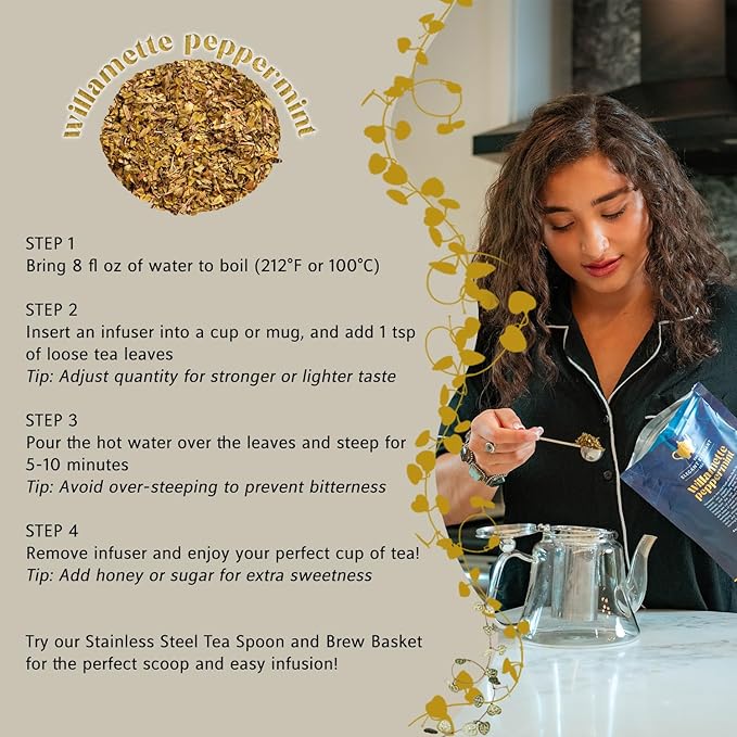 Willamette Peppermint Tea, Organic Loose Leaf Mint Herbal Tea – Soothing, Caffeine-Free – Refreshing Hot or Iced – 4 oz Resealable Bag (Makes 50 Cups) – The Elegant Elephant-Velvo Beauty
