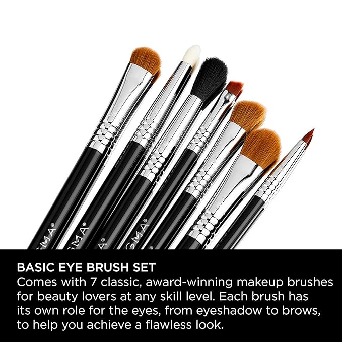 Sigma Beauty Basic Eye Makeup Brush Set – Classic Eye Makeup Brushes with Premium Fibers and Sleek, Durable Handles for Eyeliner, Eyeshadow, & Eyebrows, Includes 7 Black Makeup Brushes-Velvo Beauty