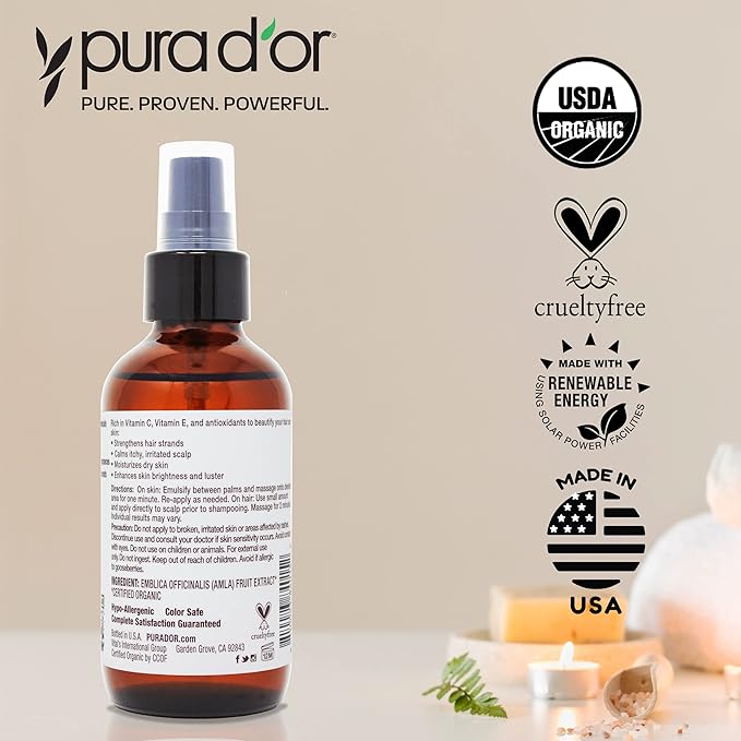 PURA D'OR Organic Amla Oil (4oz / 118mL) 100% Pure USDA Certified Premium Grade Natural Moisturizer, Cold Pressed, Hexane-Free Base Carrier for DIY Skin Care Men & Women, Pack of 1, 0.5 pounds-Velvo Beauty