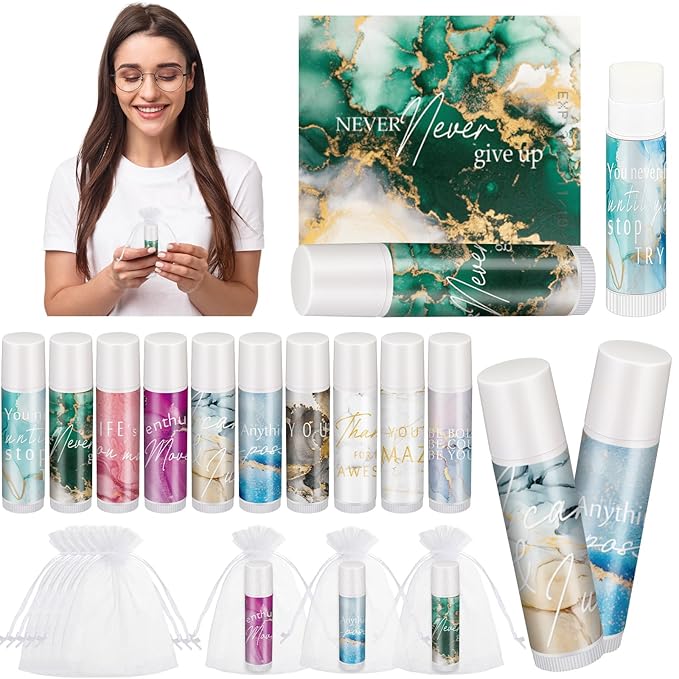 50 Sets Inspirational Lip Balm Gifts Moisturizing Lip Balm Bulk Thank You Lipstick for Guest 5 Flavors Marble Style Lip Balm with Organza Bags for Family Reunion Favor Women Stocking Gift Stuffers-Velvo Beauty