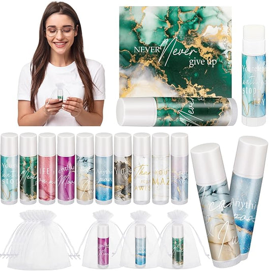 50 Sets Inspirational Lip Balm Gifts Moisturizing Lip Balm Bulk Thank You Lipstick for Guest 5 Flavors Marble Style Lip Balm with Organza Bags for Family Reunion Favor Women Stocking Gift Stuffers-Velvo Beauty