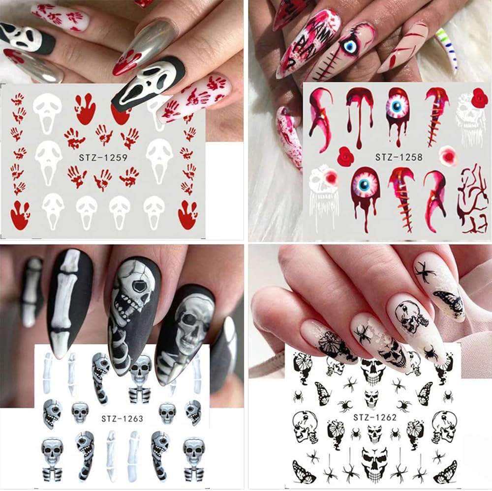 12 Sheets Halloween Nail Art Sticker Decals Horror Water Transfer Nails Foils Pumpkin Ghost Skull Spider Blood Evil Eye Halloween Design Nail Art Decoration Nail Slider Decal for Women DIY Nail Supply-Velvo Beauty