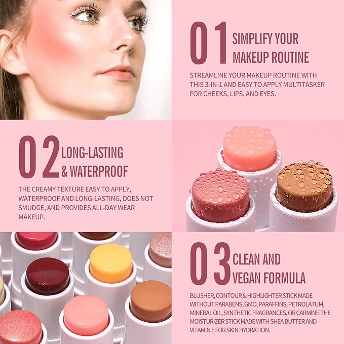 KIMUSE Multi Stick Trio Face Makeup, Cream Blush Stick for Cheeks & Lips, Moisturizer & Contour Makeup Sticks for All Skin,PEACHY PINK-Velvo Beauty