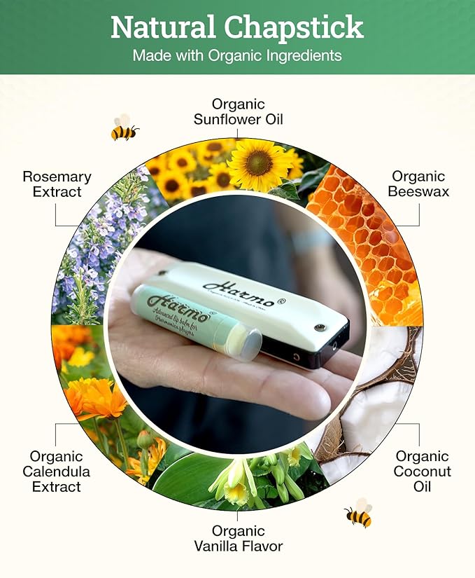 Harmo - Organic Lip Balm, Moisturizing Natural Lip Balm with Coconut Oil & Vitamin E, 3 Pack Mint Flavor - with Coconut Oil, Vitamin E- Made in USA-Velvo Beauty