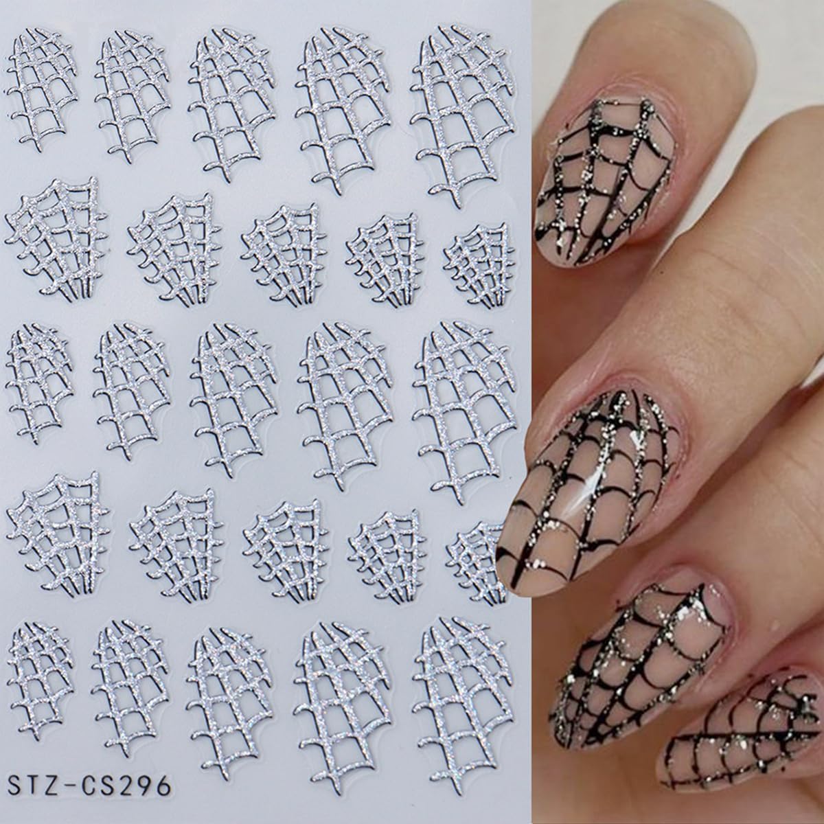 8Sheets Halloween Nail Art Stickers Spider Web Nail Stickers for Nail Art 3D Self-Adhesive Nail Decals Gold Silver Black White Glitter Spiderweb Bat Spiders Nail Design Halloween Manicure Accessories-Velvo Beauty