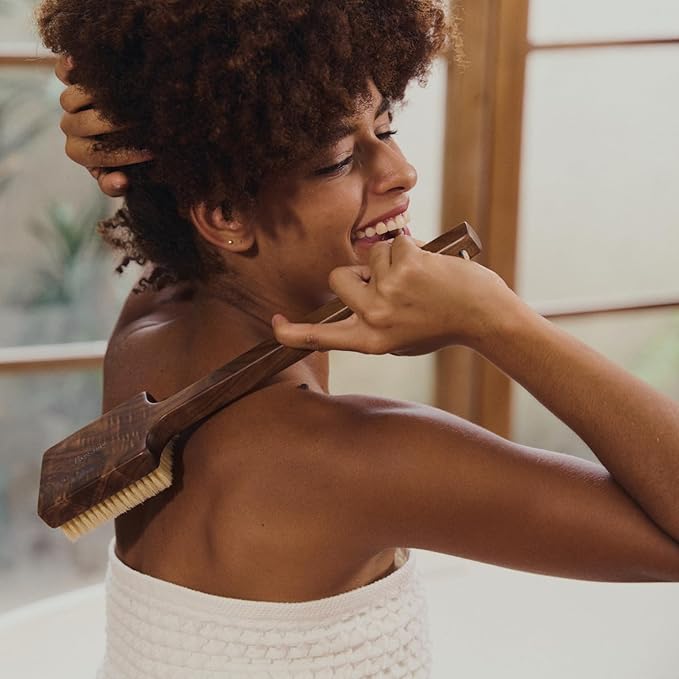 Luxury Natural Walnut Wood Boar Bristle Body Brush | Exfoliating & Detoxifying for All Skin Type | Sweeps Away Dead Skin Cells for Luminous, Smooth Skin | for Wet and Dry Use (Long Handle)-Velvo Beauty