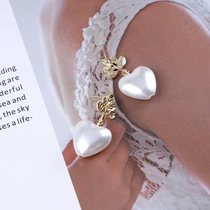 Vintage Pearl Heart Drop Earrings Gold Leaf Pearl Earrings White Pearl Heart Earrings Bridal Pearl Stud Earrings Jewelry for Women-Velvo Beauty