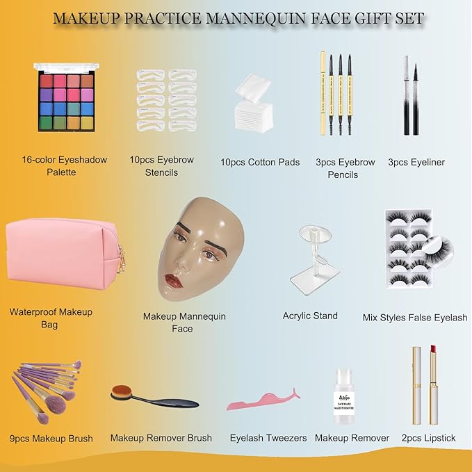 Makeup Practice Face Board, 5D Makeup Mannequin Face with Makeup Practice Kit for Makeup Artist, Beginners Face Makeup Practice, Eyelash Eyeliner Eyebrow Mapping, Come with Makeup Tools & Makeup Bag-Velvo Beauty