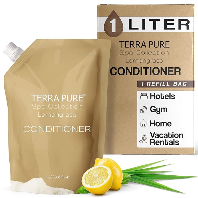 Terra Pure Spa Collection 1 Liter Conditioner Refill Bag For Soap Dispensers | Bulk Toiletries for Vacation Rentals, and Home Bathroom Showers | Green Tea Lemongrass | Single-Velvo Beauty