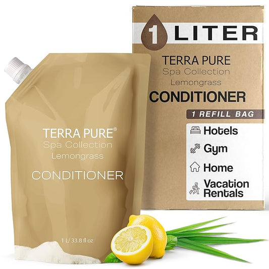 Terra Pure Spa Collection 1 Liter Conditioner Refill Bag For Soap Dispensers | Bulk Toiletries for Vacation Rentals, and Home Bathroom Showers | Green Tea Lemongrass | Single-Velvo Beauty