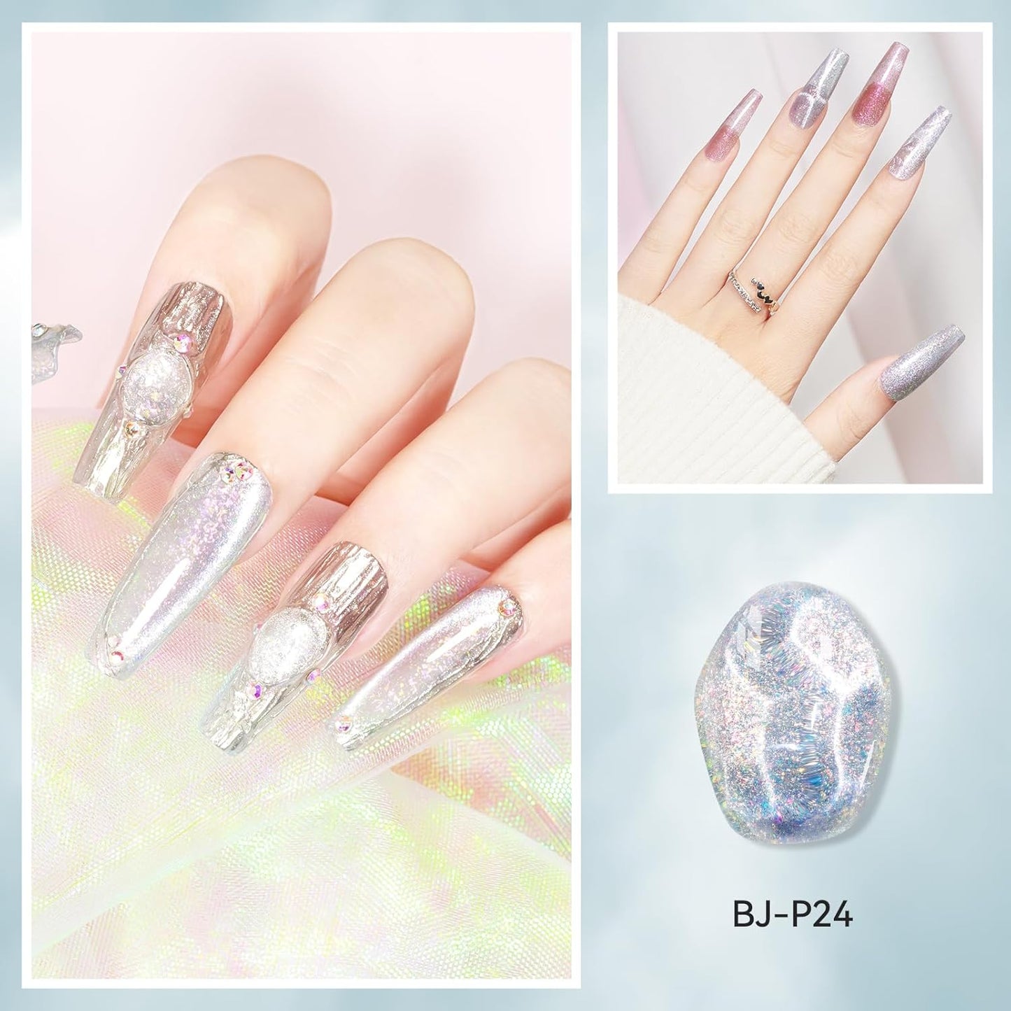 Cat Eye Gel Nail Polish 12ML, 3 In 1 Step Holographic Cateye Gel Polish With Magnet, Silver Glitter Magnetic Crystal Ice Shimmer Soak Off UV/LED Nail Art Design-Velvo Beauty