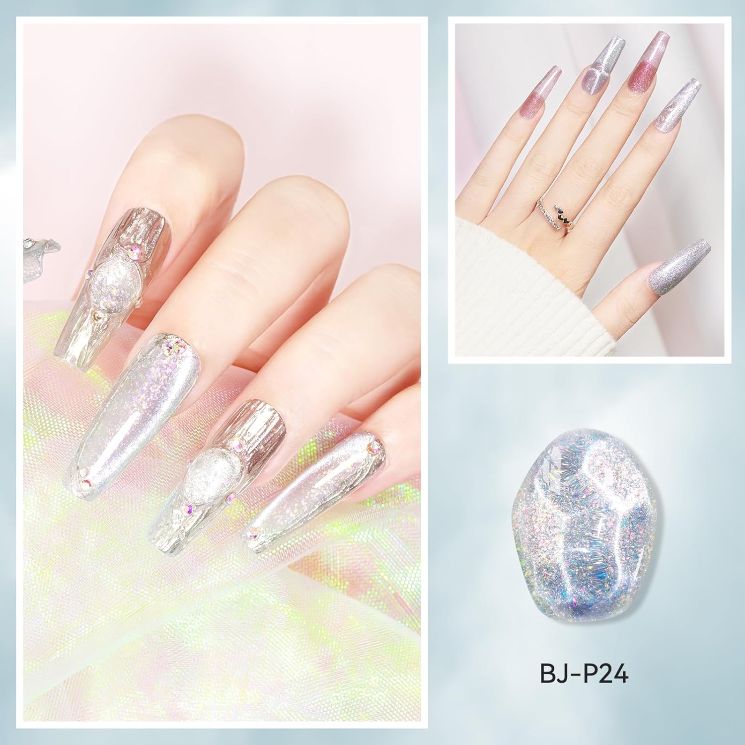 Cat Eye Gel Nail Polish 12ML, 3 In 1 Step Holographic Cateye Gel Polish With Magnet, Silver Glitter Magnetic Crystal Ice Shimmer Soak Off UV/LED Nail Art Design-Velvo Beauty