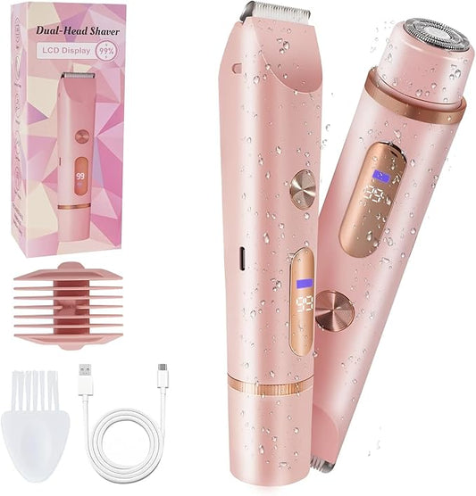 Bikini Trimmer for Women Electric Razors for Women Women's Electric Razor 2 in 1 Shaver Pubic Hair Trimmer Ipx7 Waterproof Wet Dry Use Bikini Shaver for Ladies Pubic, Legs, Face, Underarms (Pink)-Velvo Beauty