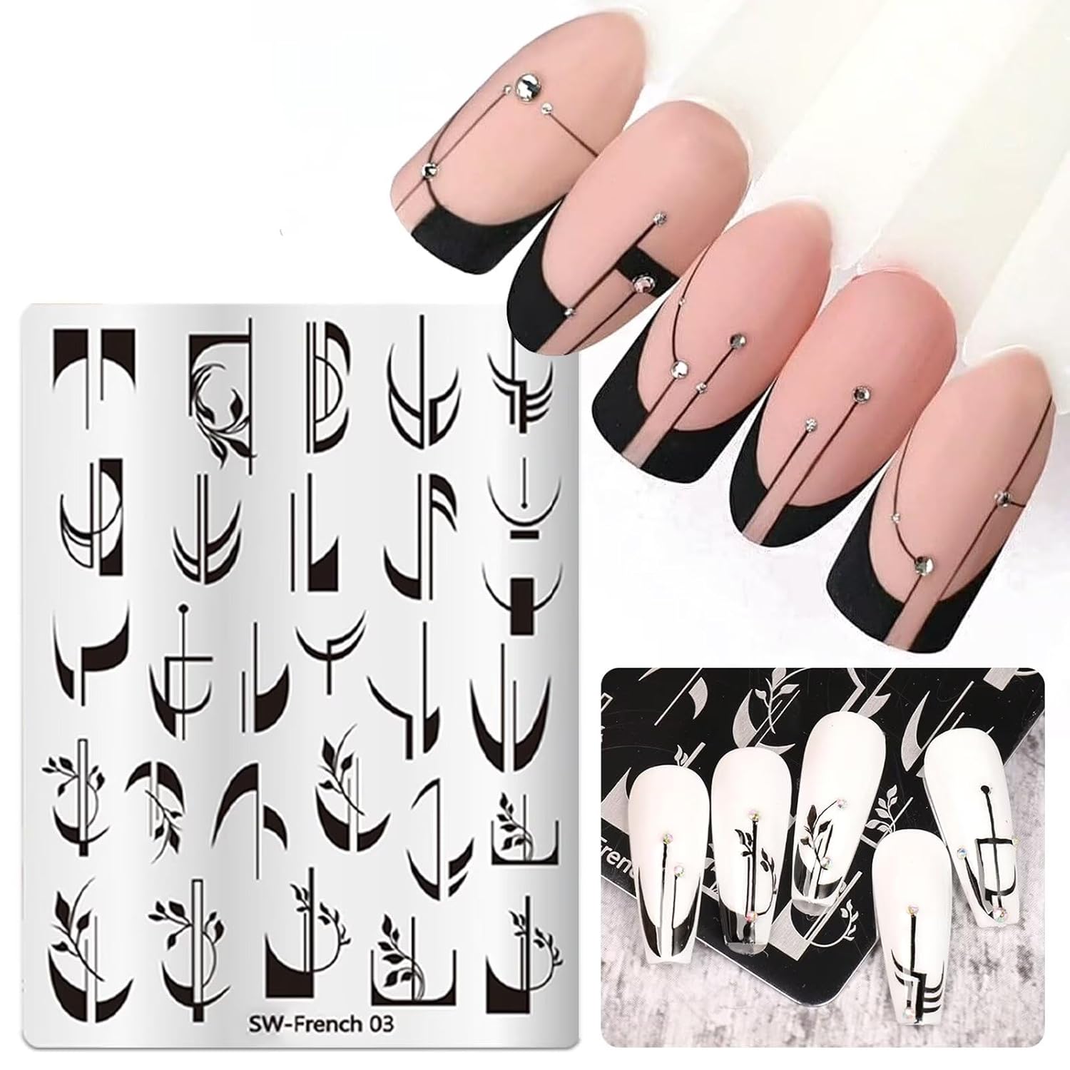 French Tip Nail Stamping Plate- 10 pcs Nail Stamper Kit Silicone Nail Stamper French Nail Stamp with Nail Art Stamps Storage Bag Nail Stamp Template Nail Supplies for Salon DIY-Velvo Beauty
