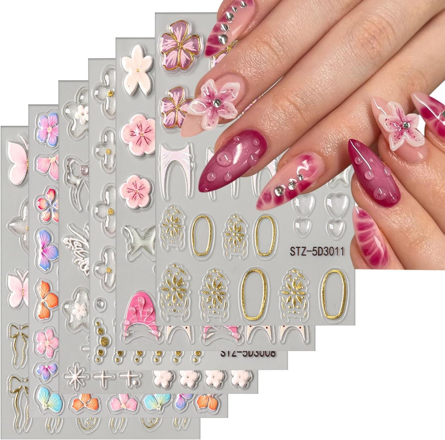6 Sheets Flower Nail Art Stickers 5D Self-Adhesive Nails Sticker Floral Butterfly Nail Art Decals Holographic Decal Decoration for Women Golden Bow Manicure Stickers DIY Nail Sticker Supplies-Velvo Beauty