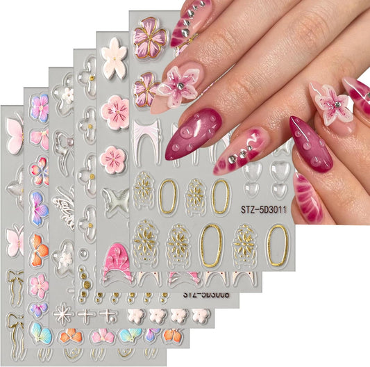 6 Sheets Flower Nail Art Stickers 5D Self-Adhesive Nails Sticker Floral Butterfly Nail Art Decals Holographic Decal Decoration for Women Golden Bow Manicure Stickers DIY Nail Sticker Supplies-Velvo Beauty