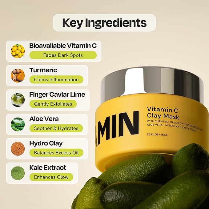 Gleamin Vitamin C Clay Mask for Dark Spots, Turmeric Clay Face Mask Skin Care, Deeply Cleanses & Refines Pores, Brightens Uneven Tone and Helps Improve Post-Blemish Scarring & Texture, Up to 20 Uses-Velvo Beauty