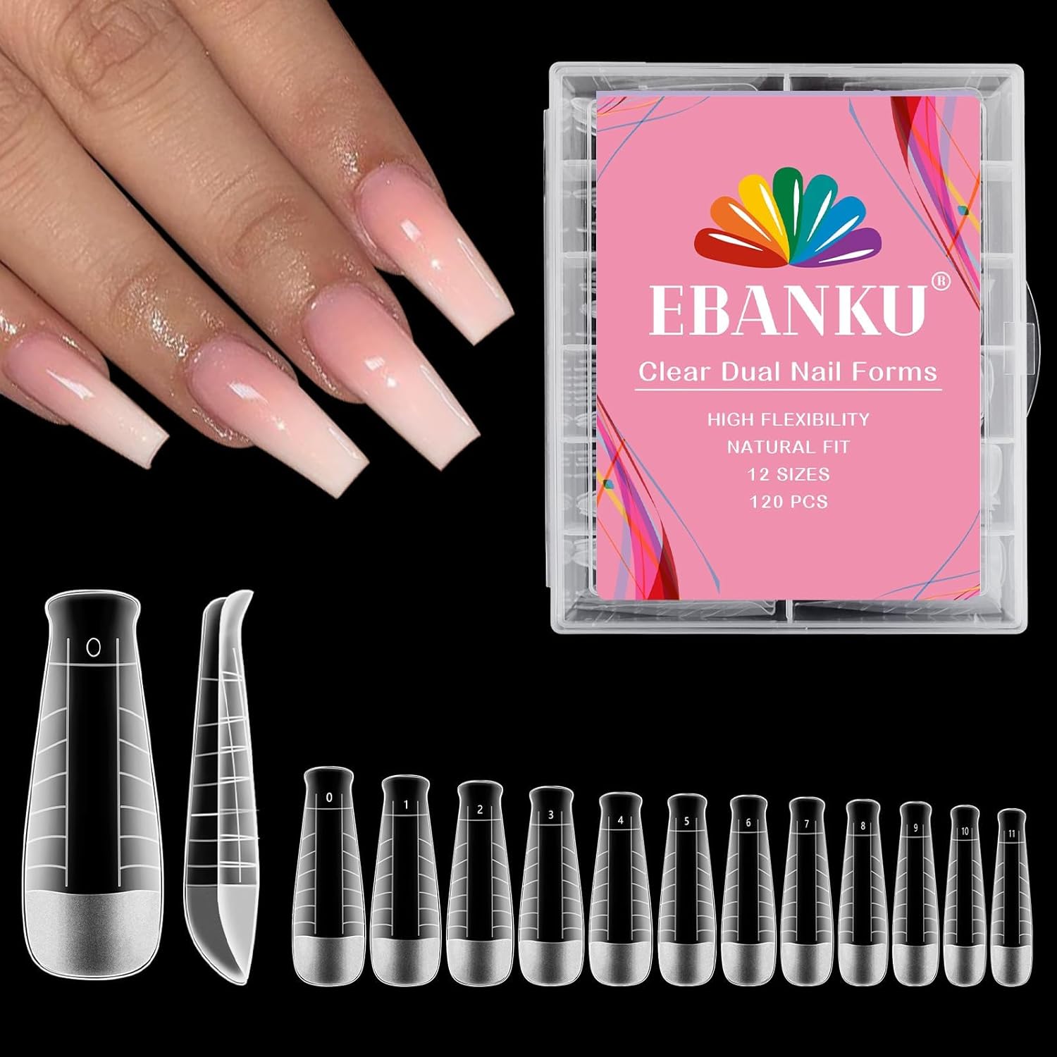 EBANKU 120Pcs Poly Gel Nail Forms, T-Shape Matte Dual Forms Clear Nail Tips Mold for Builder Gel Square Nail Extension Manicure Tools Salon-12 Sizes-Velvo Beauty