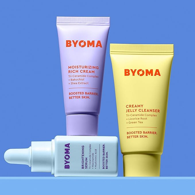 BYOMA So Bright Set - Barrier Repair Skincare Set for Brighter Skin - Creamy Jelly Cleanser, Brightening Face Serum & Ceramide Face Moisturizer - Alcohol Free Skin Care - 30ml, 15ml, 15ml-Velvo Beauty
