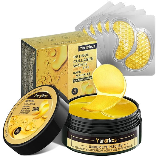60 Pcs 24K Gold Under Eye Patches with 5 Pieces Travel 24K Golden Eye Mask, 30 Pairs Women Undereye Mask for Dark Circles Puffy Eyes Treatment, Men Gel Pads Hydrating for Puffiness Wrinkle-Velvo Beauty