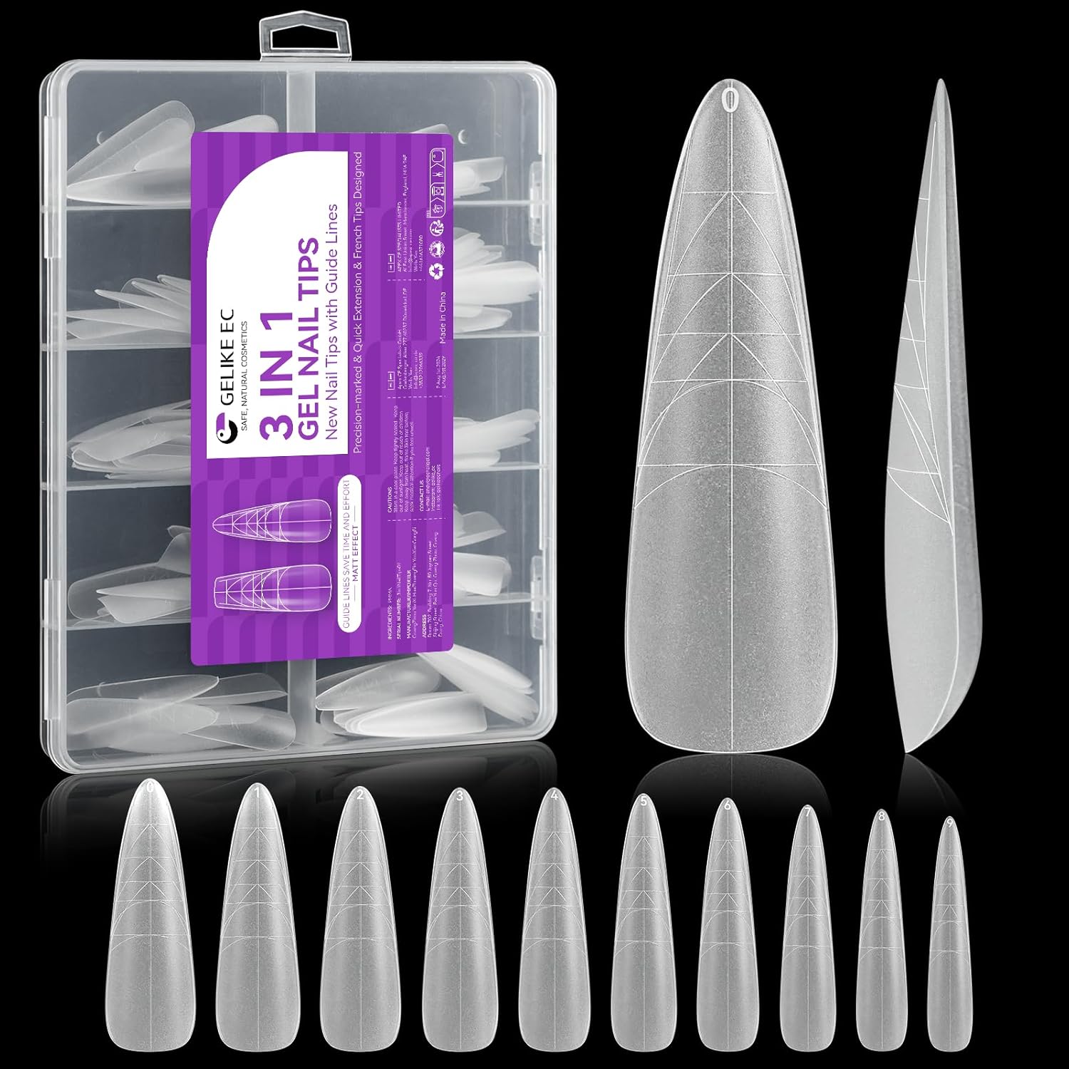 XXL Almond Gel Nail tips: 3 in 1 Gelike ec French Full Matte Guiding Line Nail Tips, Extra Long Gel Nails with Auxiliary Positioning Line, Nail Extension Tips for Beginners 84 Pcs 10 Sizes-Velvo Beauty