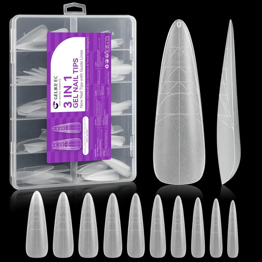 XXL Almond Gel Nail tips: 3 in 1 Gelike ec French Full Matte Guiding Line Nail Tips, Extra Long Gel Nails with Auxiliary Positioning Line, Nail Extension Tips for Beginners 84 Pcs 10 Sizes-Velvo Beauty