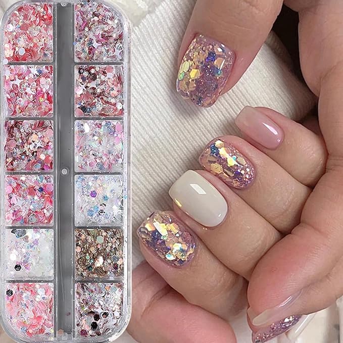 12 Grids Star Nail Art Glitter Sequins Heart Shaped Mermaid Nail Sequins Holographic Mermaid Nail Flakes Sticker Sequin Heart Nail Art Glitter for Women DIY Acrylic Nail Decoration-Velvo Beauty