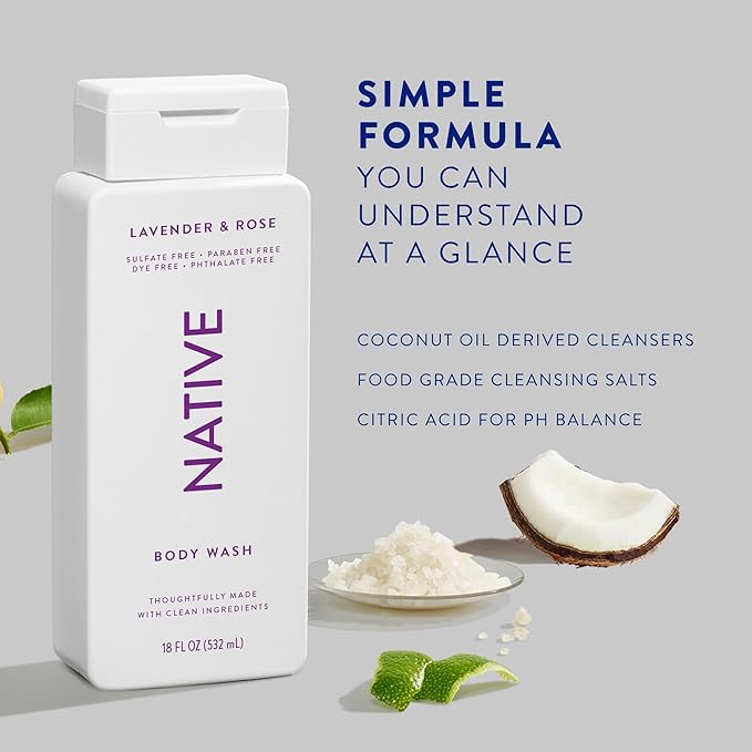 Native Body Wash Contains Naturally Derived Ingredients | For Women & Men, Sulfate, Paraben, & Dye Free Leaving Skin Soft and Hydrated | Lavender & Rose 18 oz - 2 Pk-Velvo Beauty