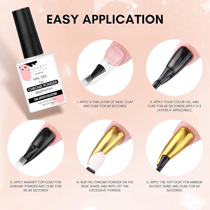 Makartt Gel Top Coat for Chrome Nail Powder - 15ml Clear No Wipe High Gloss Top Coat Gel Nail Polish Mirror Shine Long Lasting Easy Application, Soak off UV Lamp, DIY Home Salon Art Design-Velvo Beauty