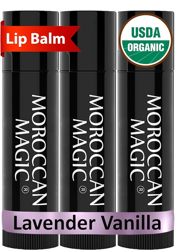 Moroccan Magic Organic Lavender Vanilla Lip Balm 3 Pack | Ultra-Hydrating Argan & Essential Oil Lip Moisturizer + Vitamin E | Natural Chapstick for Dry Lips | Smooth, Non-Toxic | Organic Lip Balm-Velvo Beauty