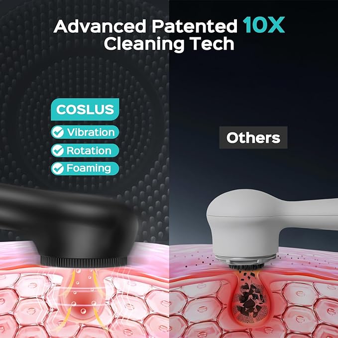 COSLUS Face Scrubber Facial Cleansing Brush: 2 in 1 Spin and Vibration Patented Tech, Silicone Electric Exfoliator Scrubber with Automatic Foaming, Waterproof Face Cleanser Brush for Men and Women-Velvo Beauty