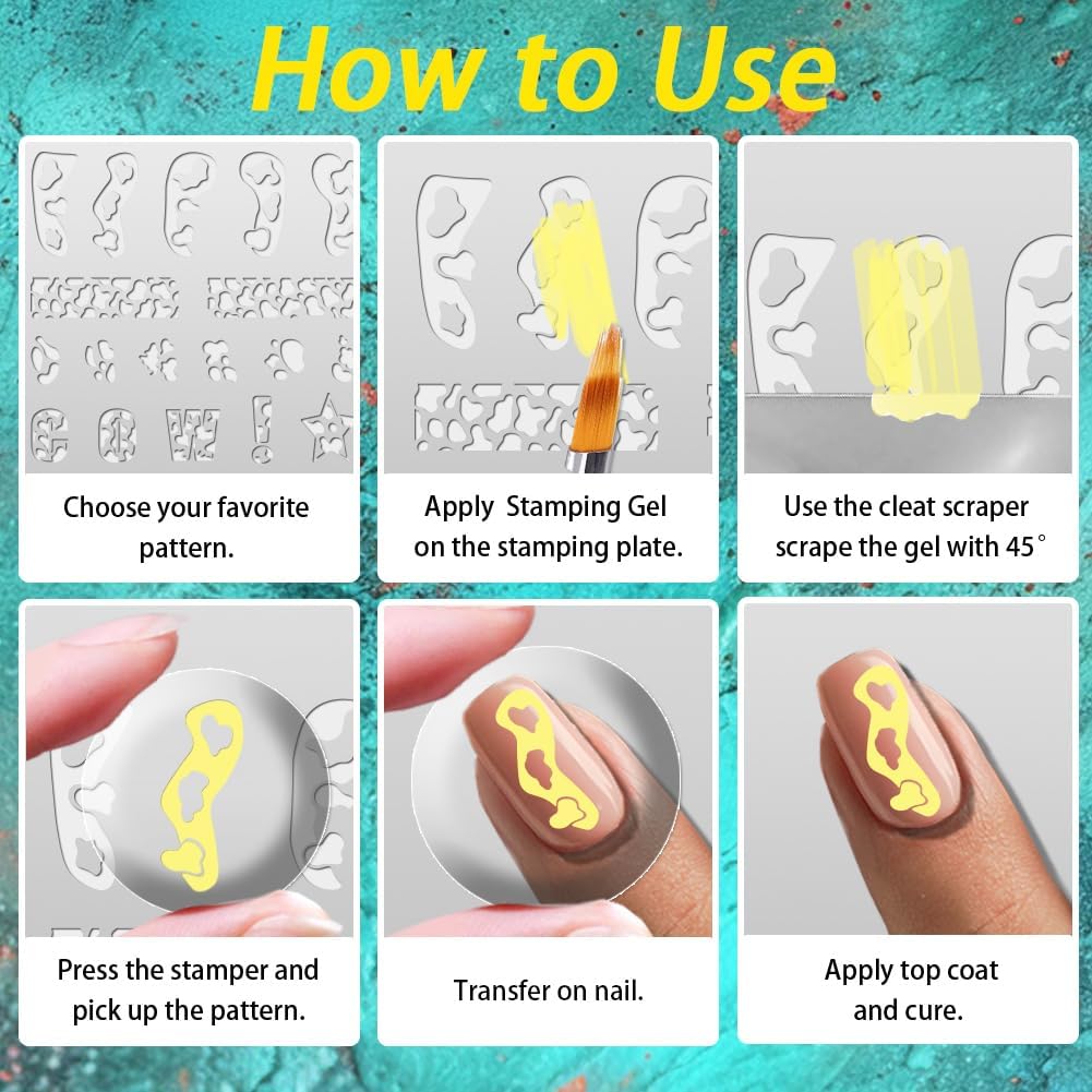 3Pcs Cute Cow Nail Stamping Plate Set Graffiti Spots Animal Heart ShapedStainless Steel Nail Templates Clear Silicone Nails Stamping with Stamper Scraper for Manicure Printing-Velvo Beauty